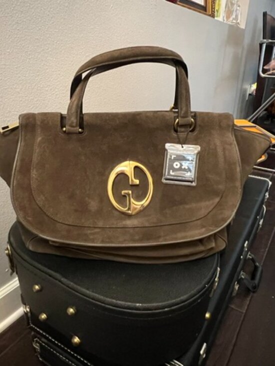 Gucci Handbags - Gucci 1973 Large Brown Suede Top Handle Travel Tote Gold GG "Blondie"